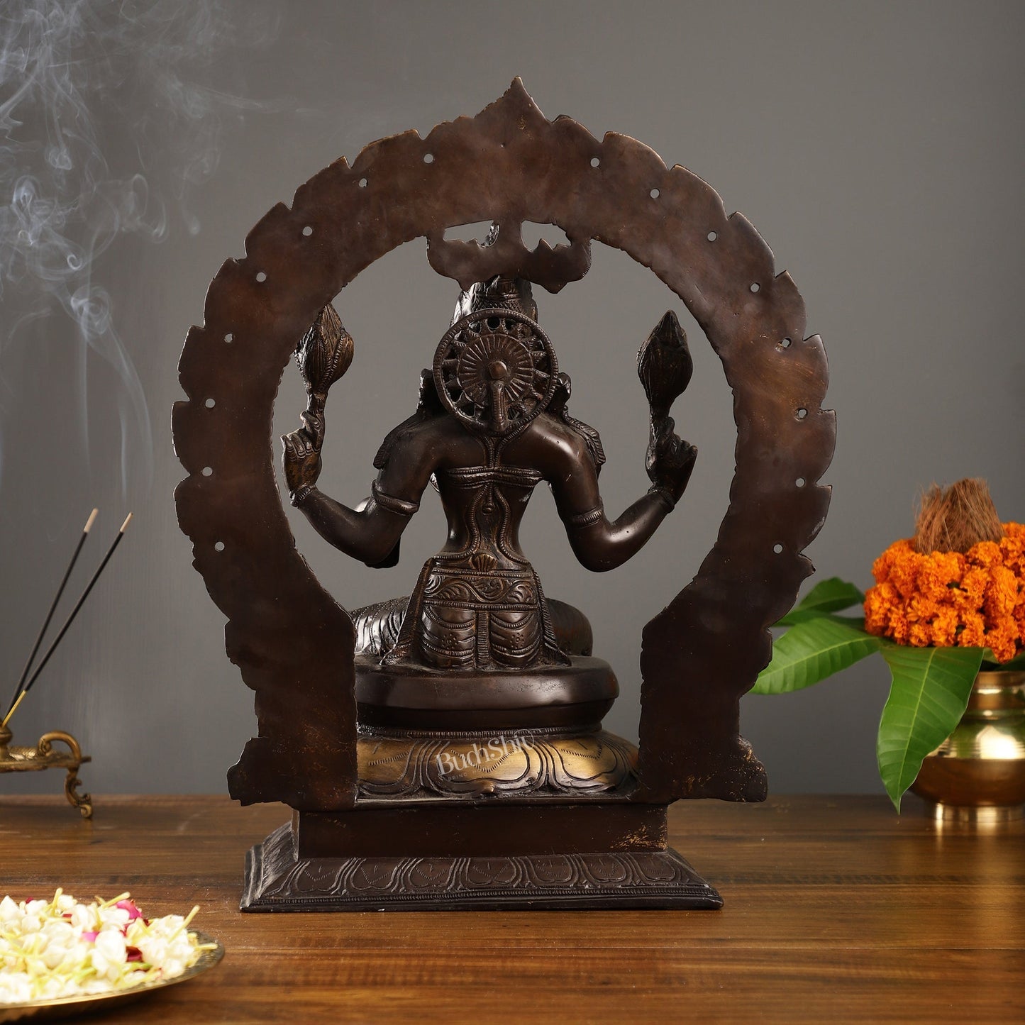 Sama Homes-18 inch brass lakshmi idol with antique brown finish and frame 12 5kg