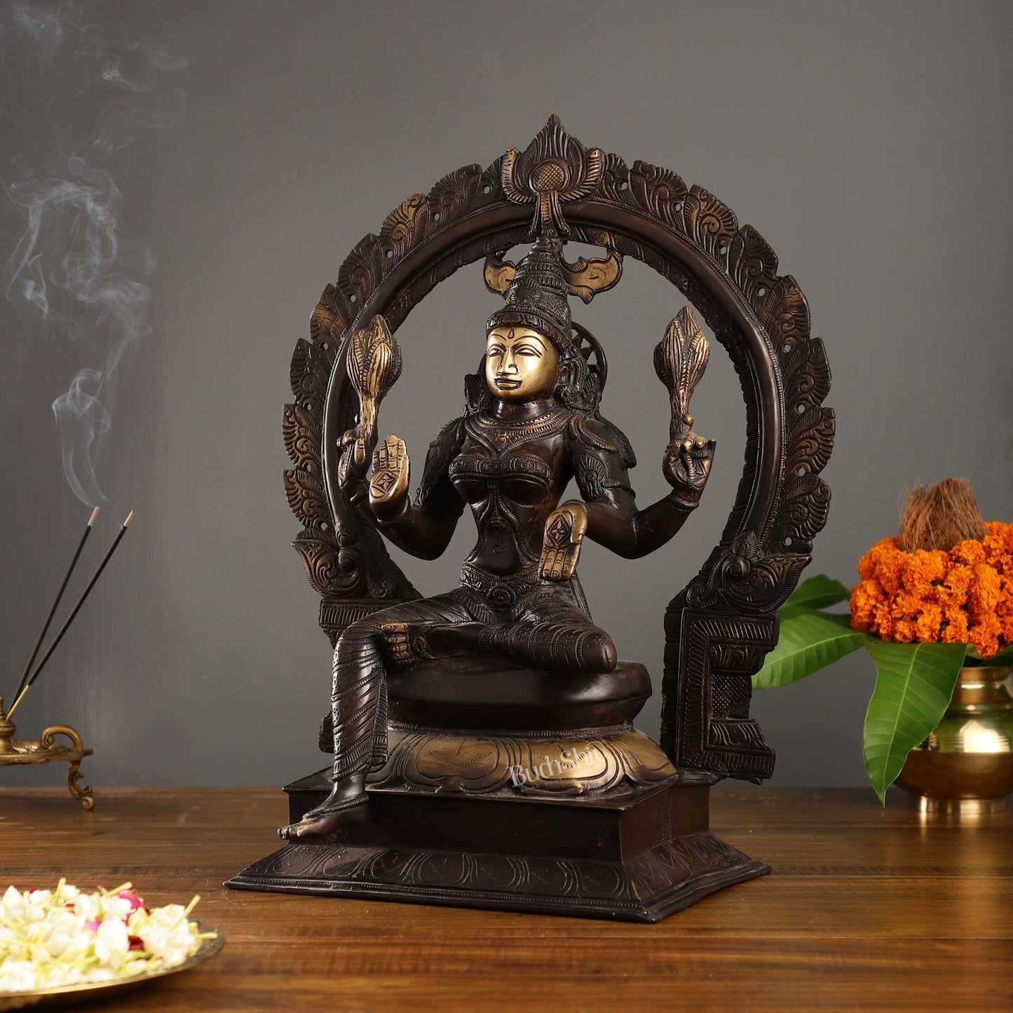 Sama Homes-18 inch brass lakshmi idol with antique brown finish and frame 12 5kg