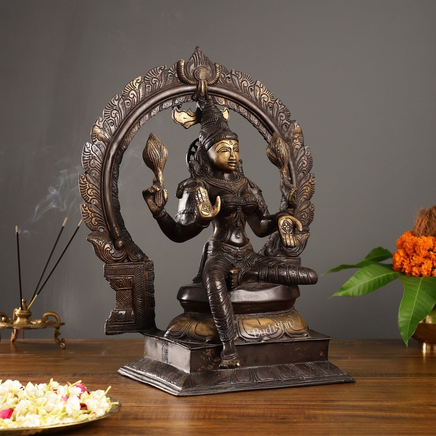 Sama Homes-18 inch brass lakshmi idol with antique brown finish and frame 12 5kg