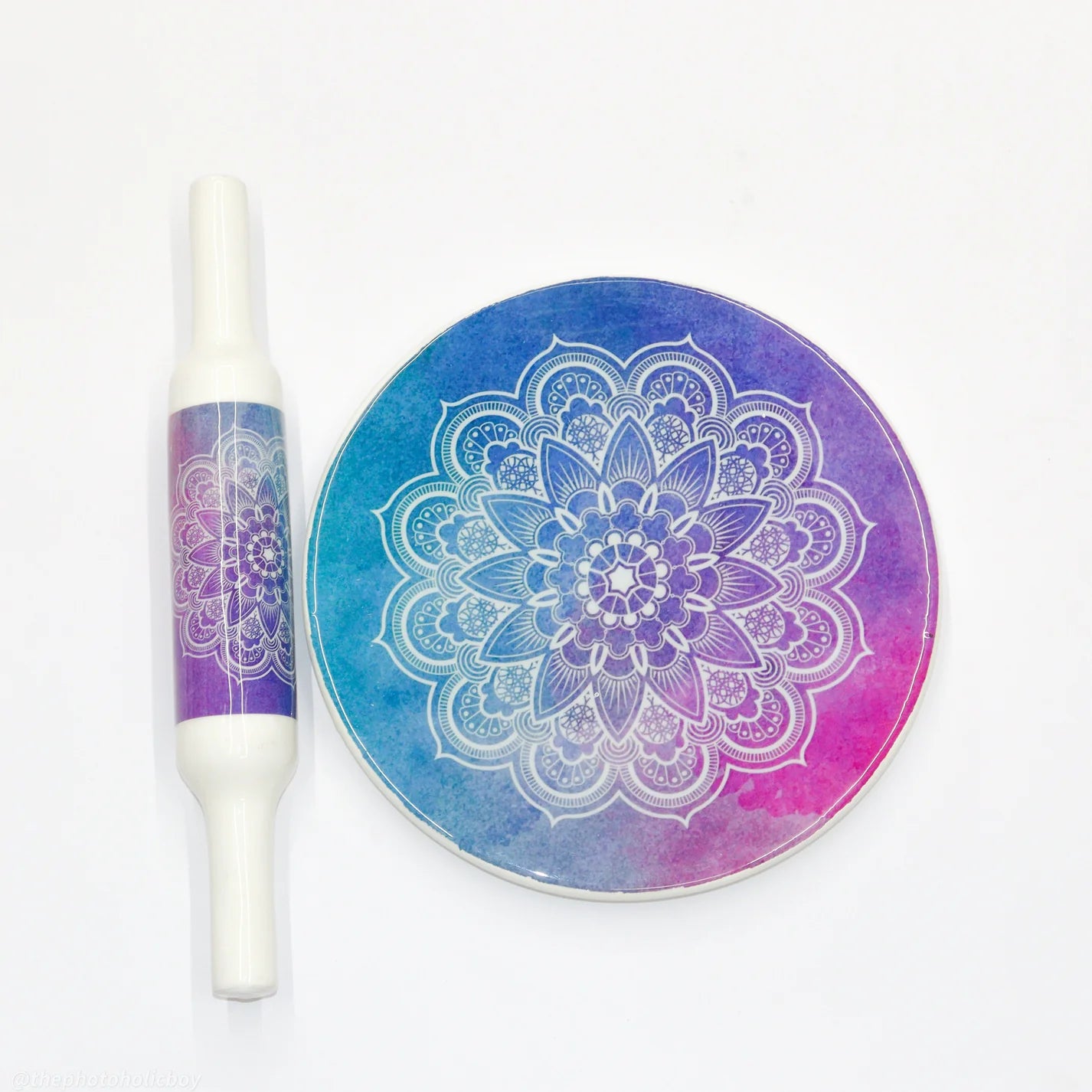 Handcrafted White Marble Roti Maker with Wooden Belan Enamel Prints | Indian Chakla Belan 10 Inch with Diameter