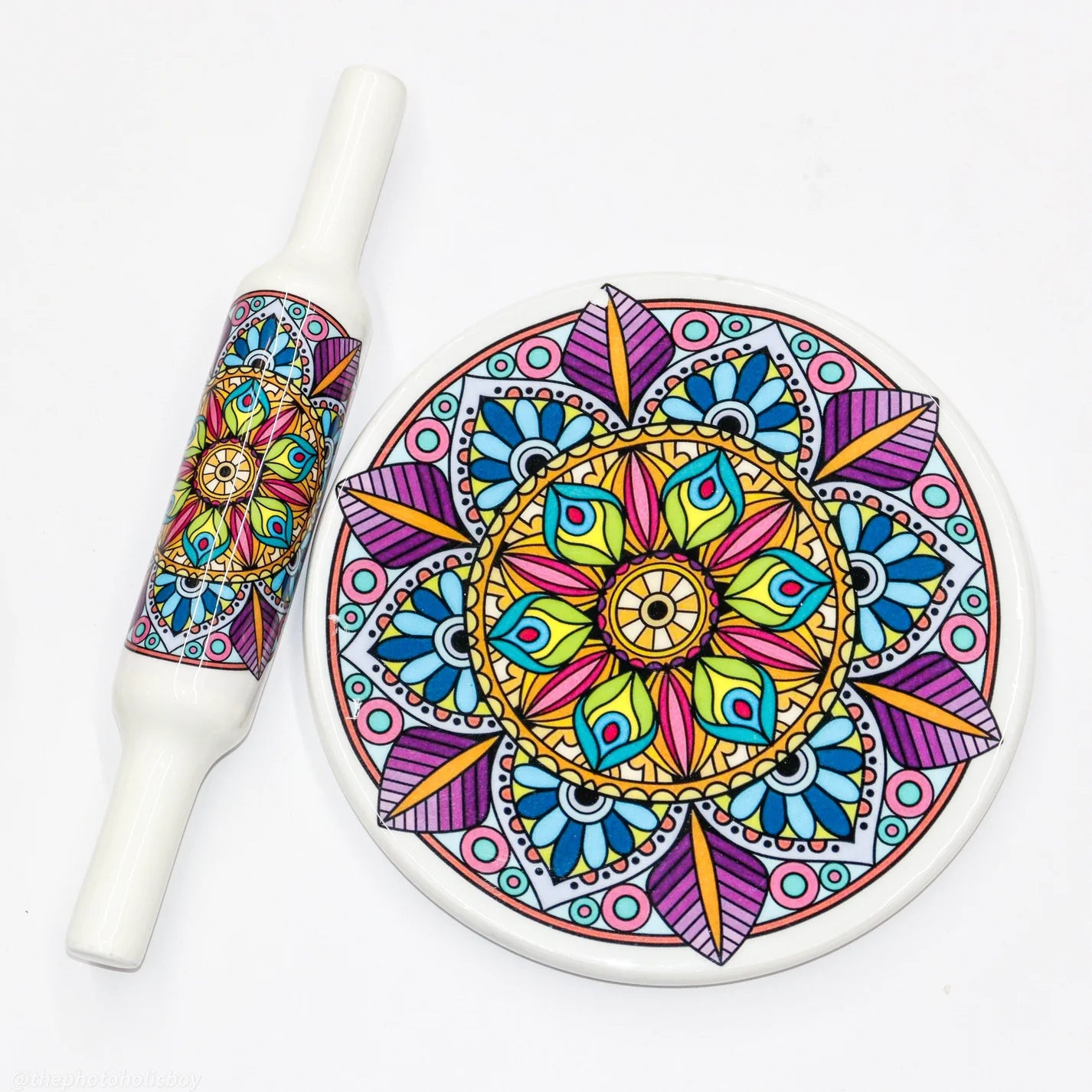Handcrafted White Marble Roti Maker with Wooden Belan Enamel Prints | Indian Chakla Belan 10 Inch with Diameter