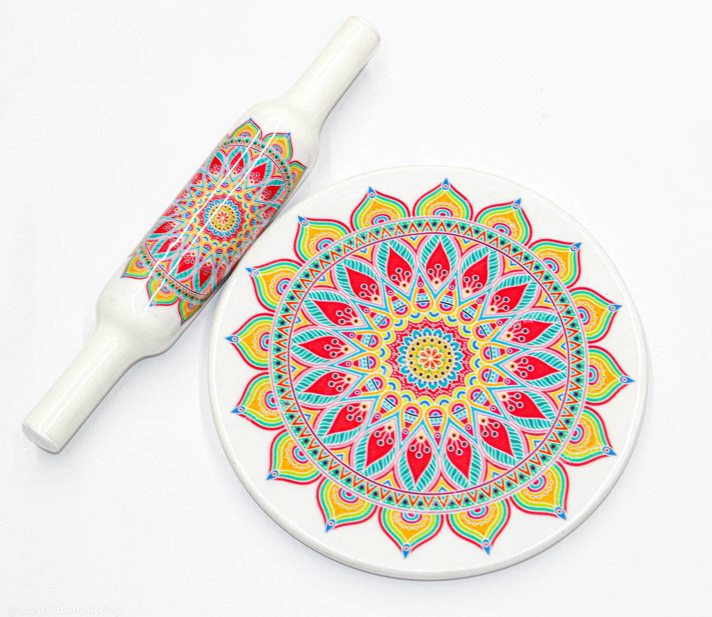 Handcrafted White Marble Roti Maker with Wooden Belan Enamel Prints | Indian Chakla Belan 10 Inch with Diameter