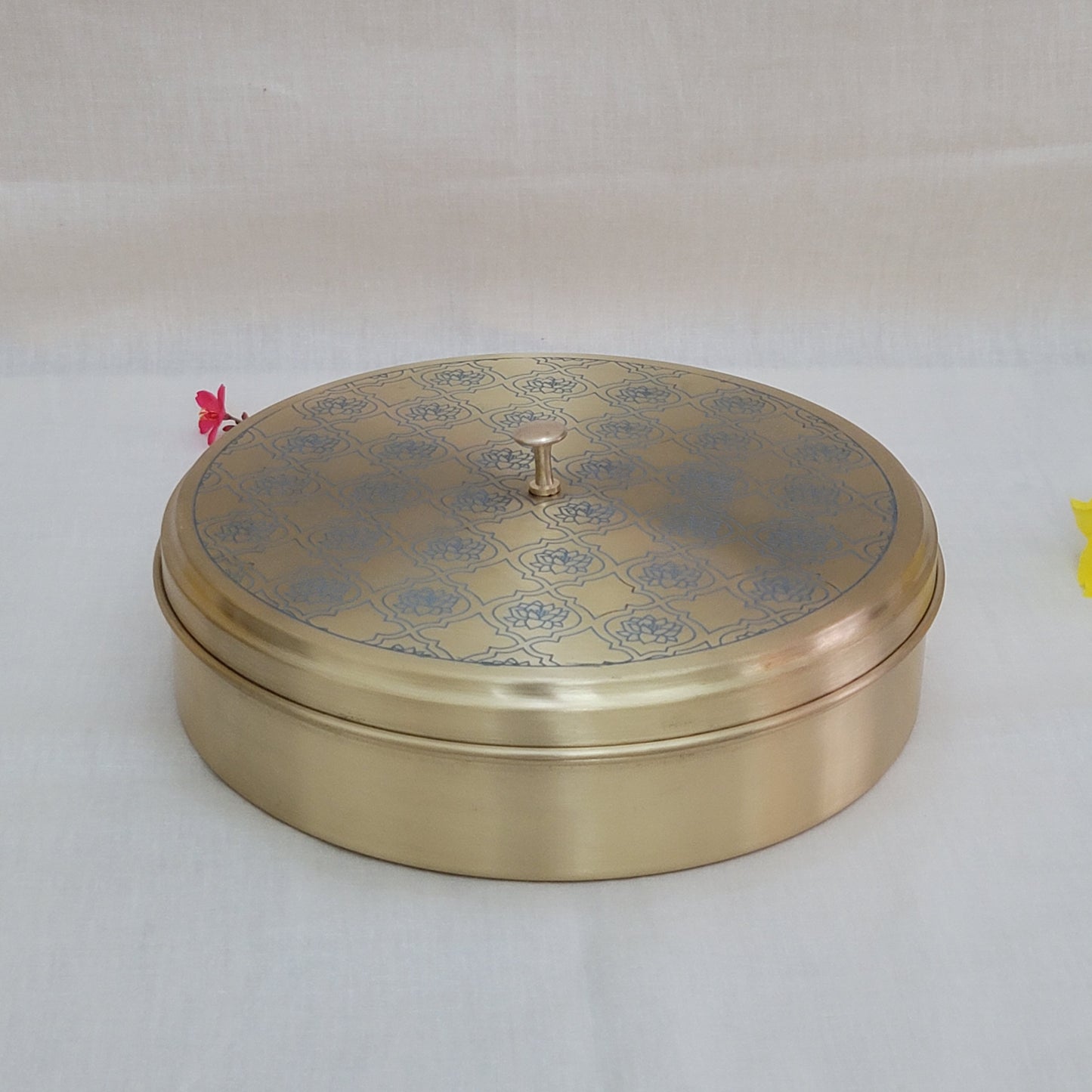 Handcrafted Blue Lotus Design Spice Box | Elegant Etched Brass | 7 Compartments | 7-9 Inches | Kitchen Storage
