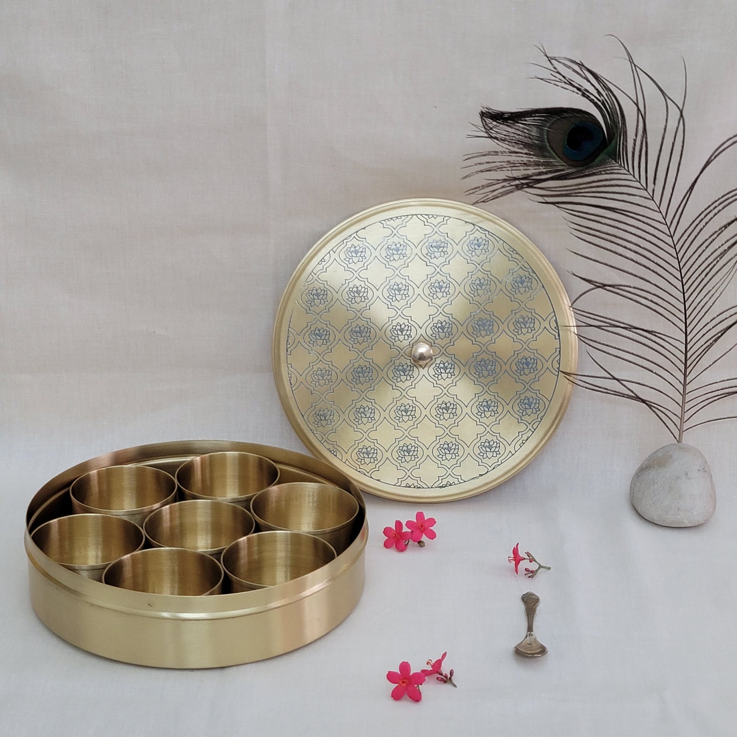 Handcrafted Blue Lotus Design Spice Box | Elegant Etched Brass | 7 Compartments | 7-9 Inches | Kitchen Storage
