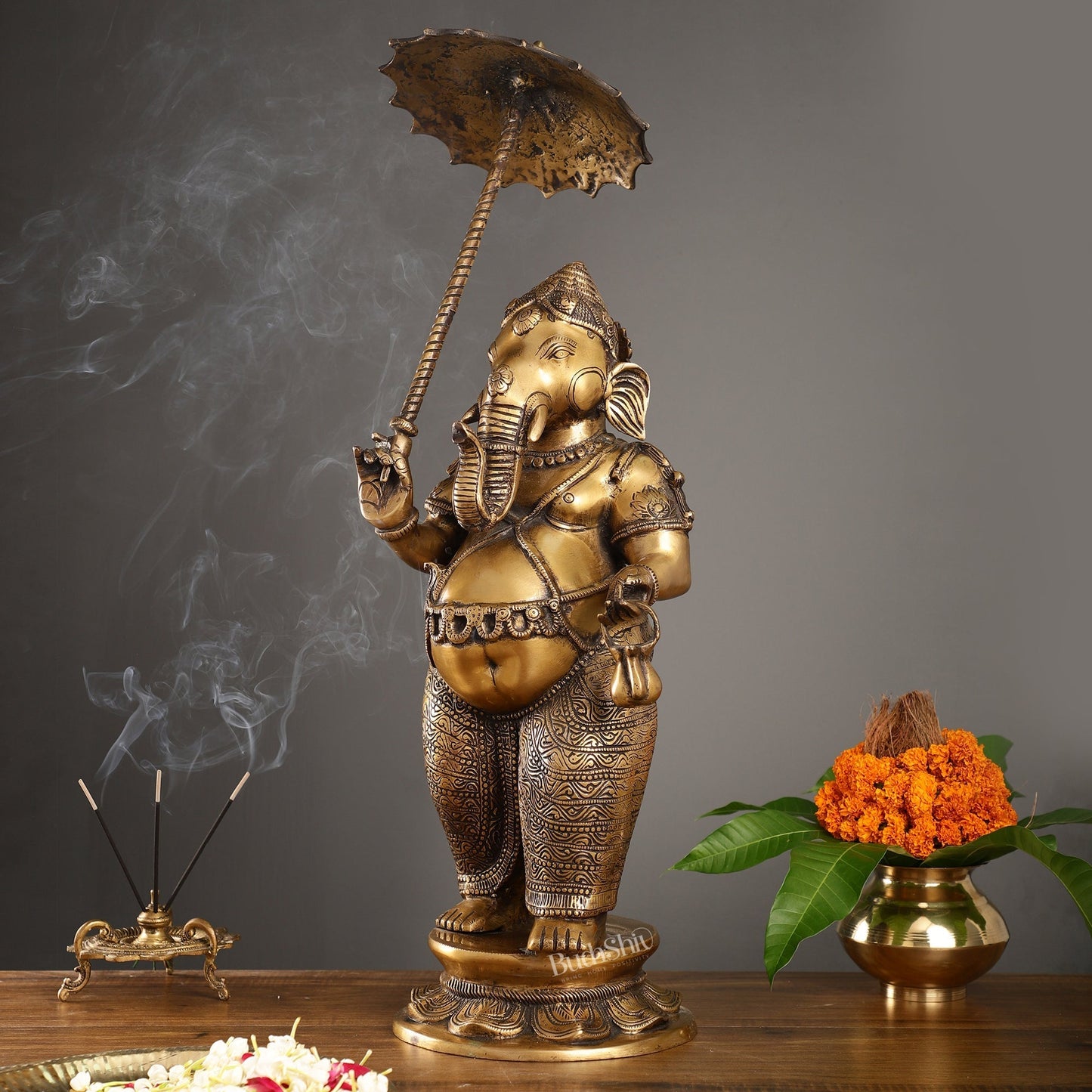 Sama Homes-29 inch standing lord ganesha statue with umbrella burnt brass finish