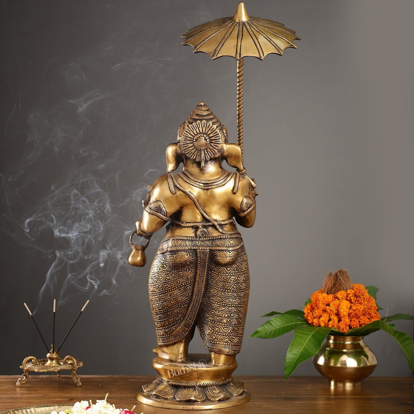 Sama Homes-29 inch standing lord ganesha statue with umbrella burnt brass finish