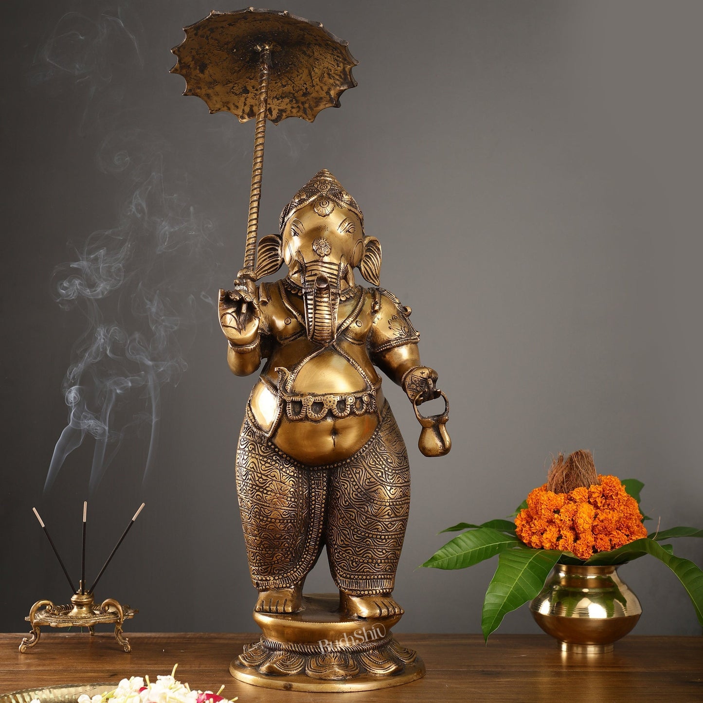 Sama Homes-29 inch standing lord ganesha statue with umbrella burnt brass finish