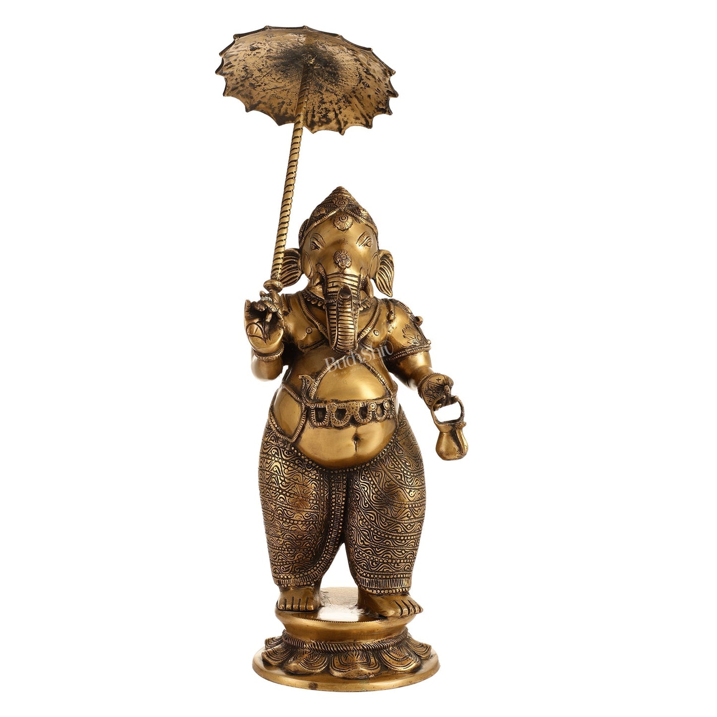 Sama Homes-29 inch standing lord ganesha statue with umbrella burnt brass finish