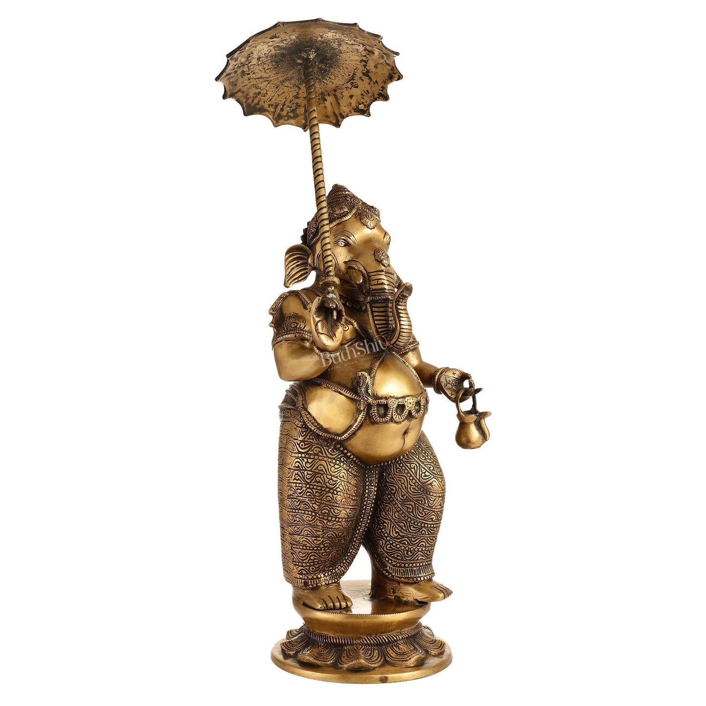 Sama Homes-29 inch standing lord ganesha statue with umbrella burnt brass finish