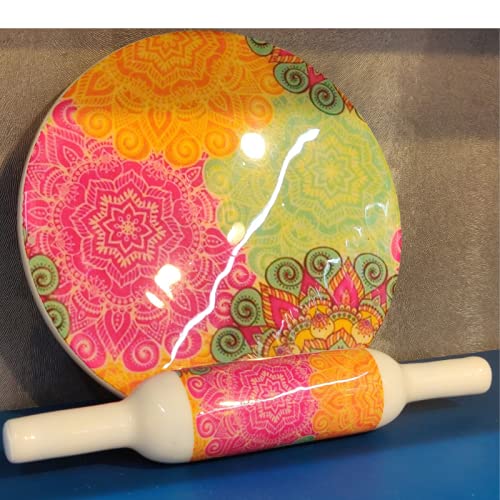 Handcrafted White Marble Roti Maker with Wooden Belan Enamel Prints | Indian Chakla Belan 10 Inch with Diameter