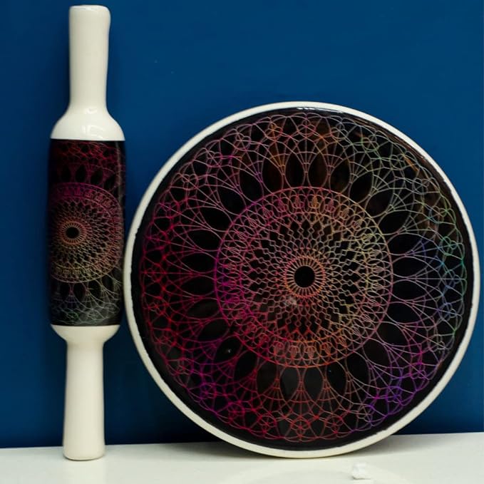 Handcrafted White Marble Roti Maker with Wooden Belan Enamel Prints | Indian Chakla Belan 10 Inch with Diameter