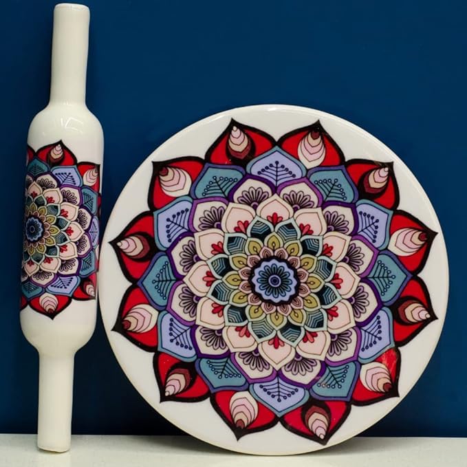 Handcrafted White Marble Roti Maker with Wooden Belan Enamel Prints | Indian Chakla Belan 10 Inch with Diameter