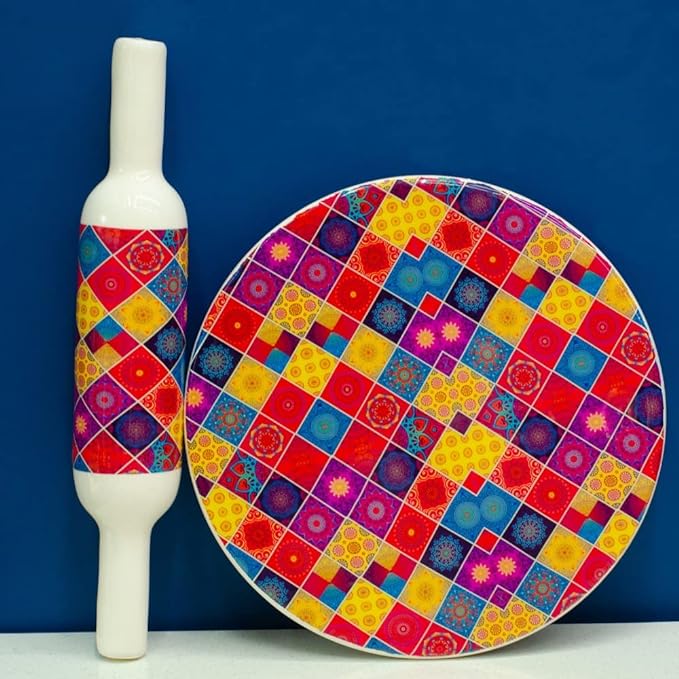 Handcrafted White Marble Roti Maker with Wooden Belan Enamel Prints | Indian Chakla Belan 10 Inch with Diameter