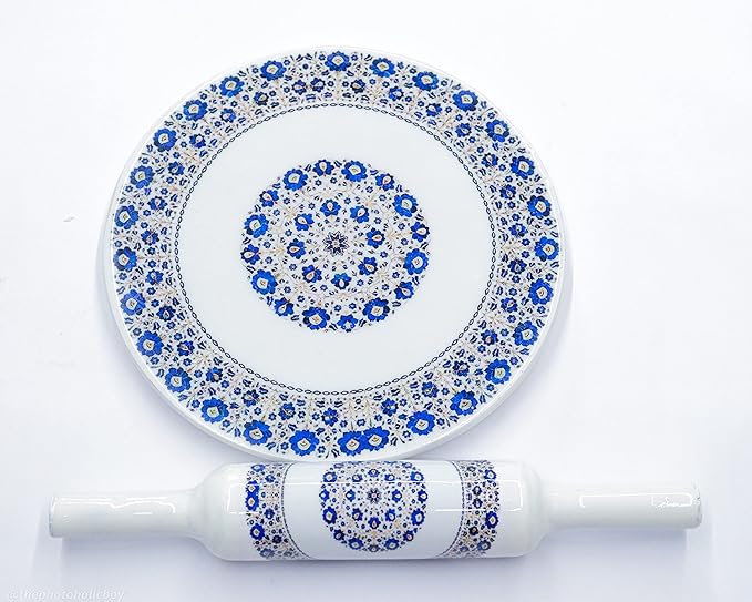 Handcrafted White Marble Roti Maker with Wooden Belan Enamel Prints | Indian Chakla Belan 10 Inch with Diameter