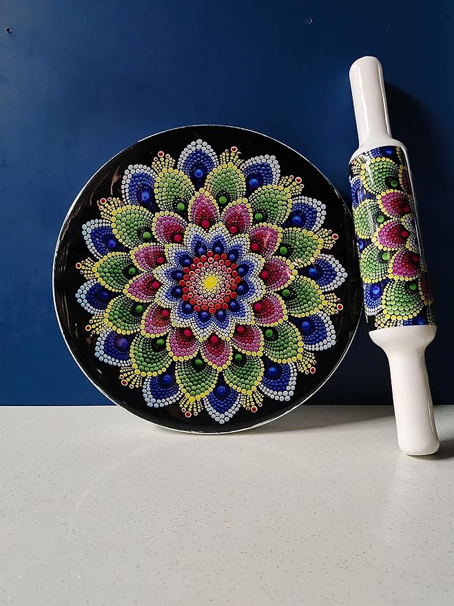Handcrafted White Marble Roti Maker with Wooden Belan Enamel Prints | Indian Chakla Belan 10 Inch with Diameter