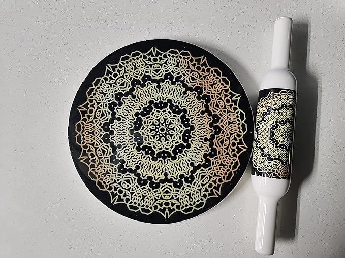 Handcrafted White Marble Roti Maker with Wooden Belan Enamel Prints | Indian Chakla Belan 10 Inch with Diameter