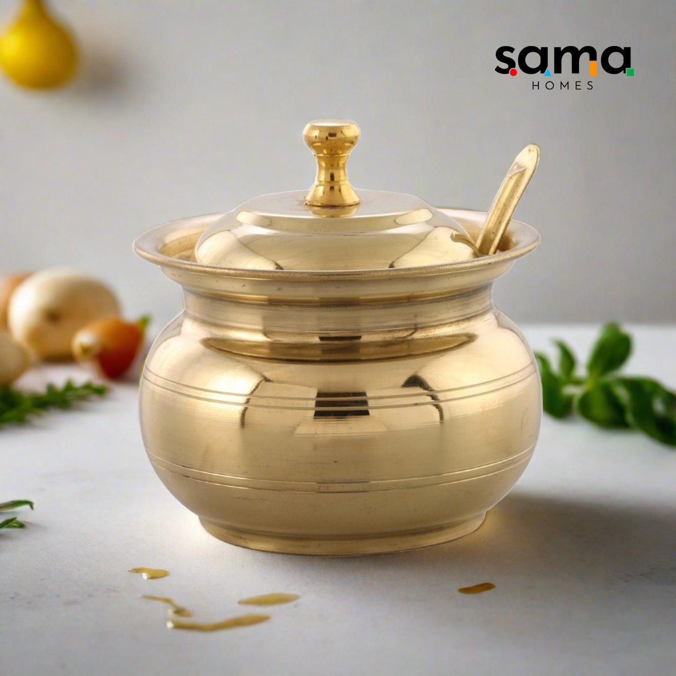 Brass Ghee Pot with spoon and Lid | 250 ML Capacity | 4 Inches | Traditional Utensil - Sama Homes