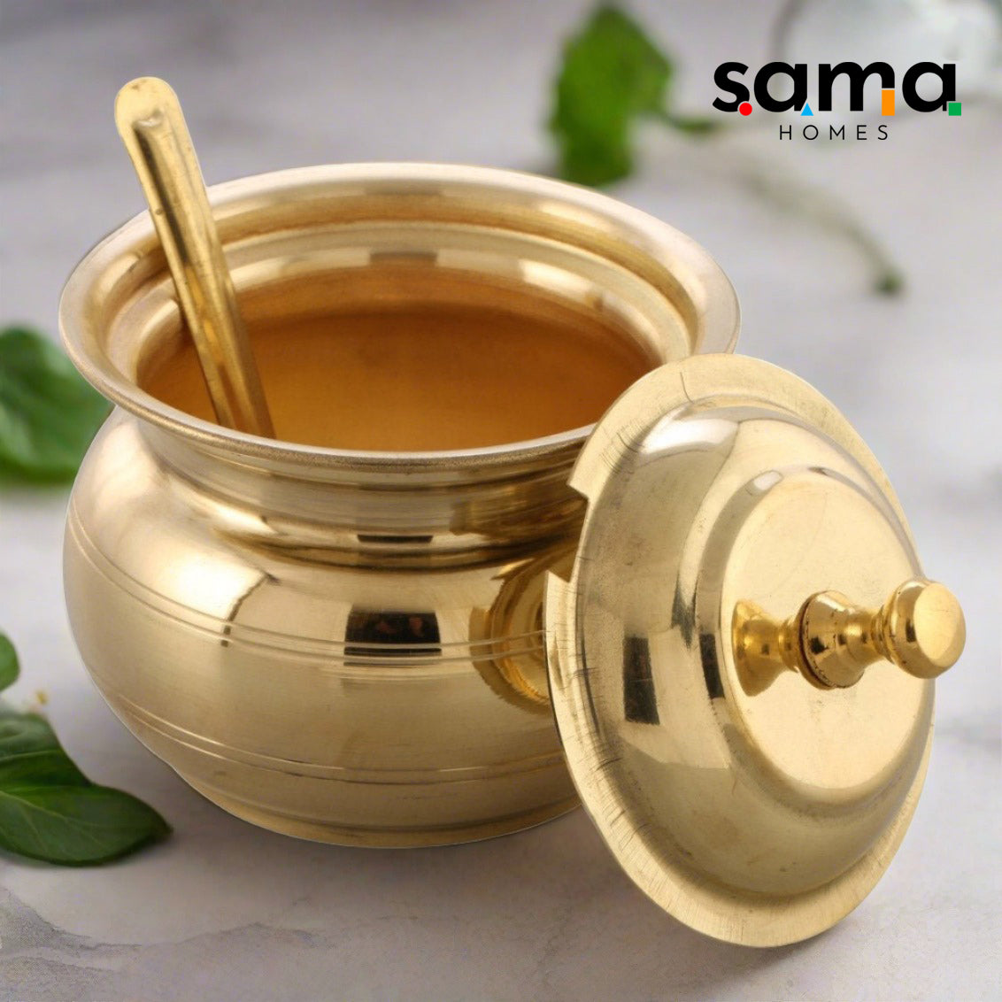 Brass Ghee Pot with spoon and Lid | 250 ML Capacity | 4 Inches | Traditional Utensil - Sama Homes