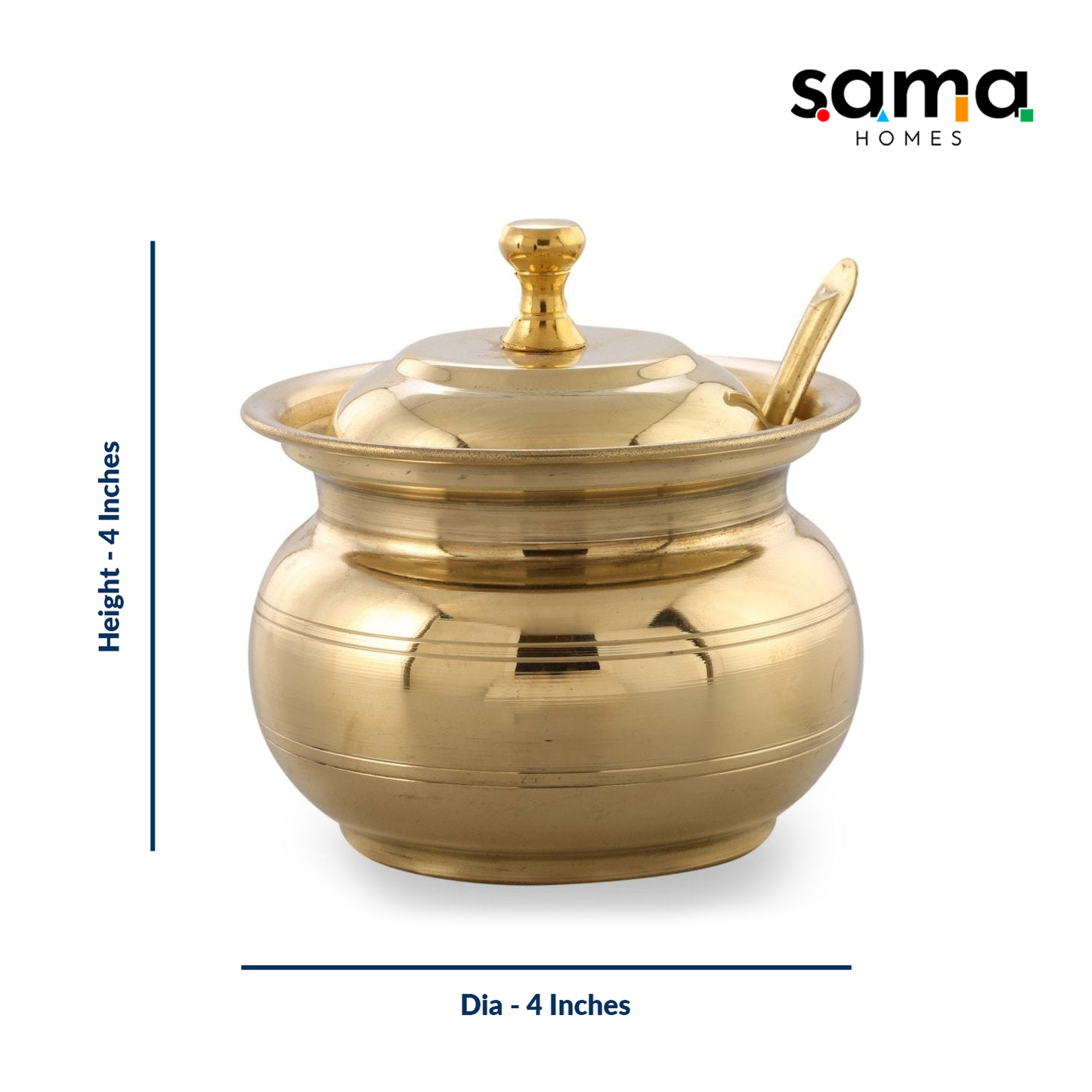 Brass Ghee Pot with spoon and Lid | 250 ML Capacity | 4 Inches | Traditional Utensil - Sama Homes
