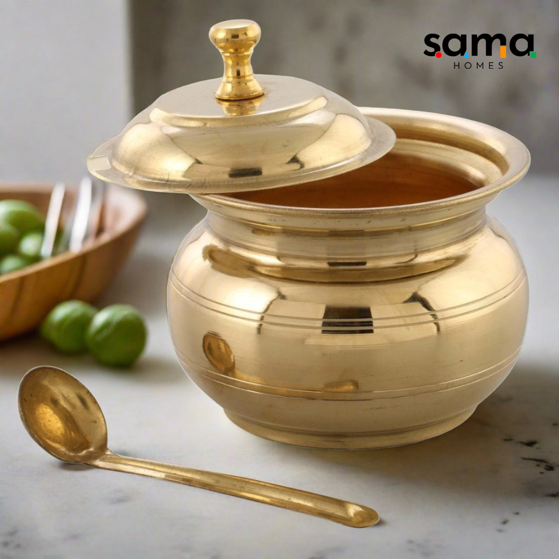 Brass Ghee Pot with spoon and Lid | 250 ML Capacity | 4 Inches | Traditional Utensil - Sama Homes