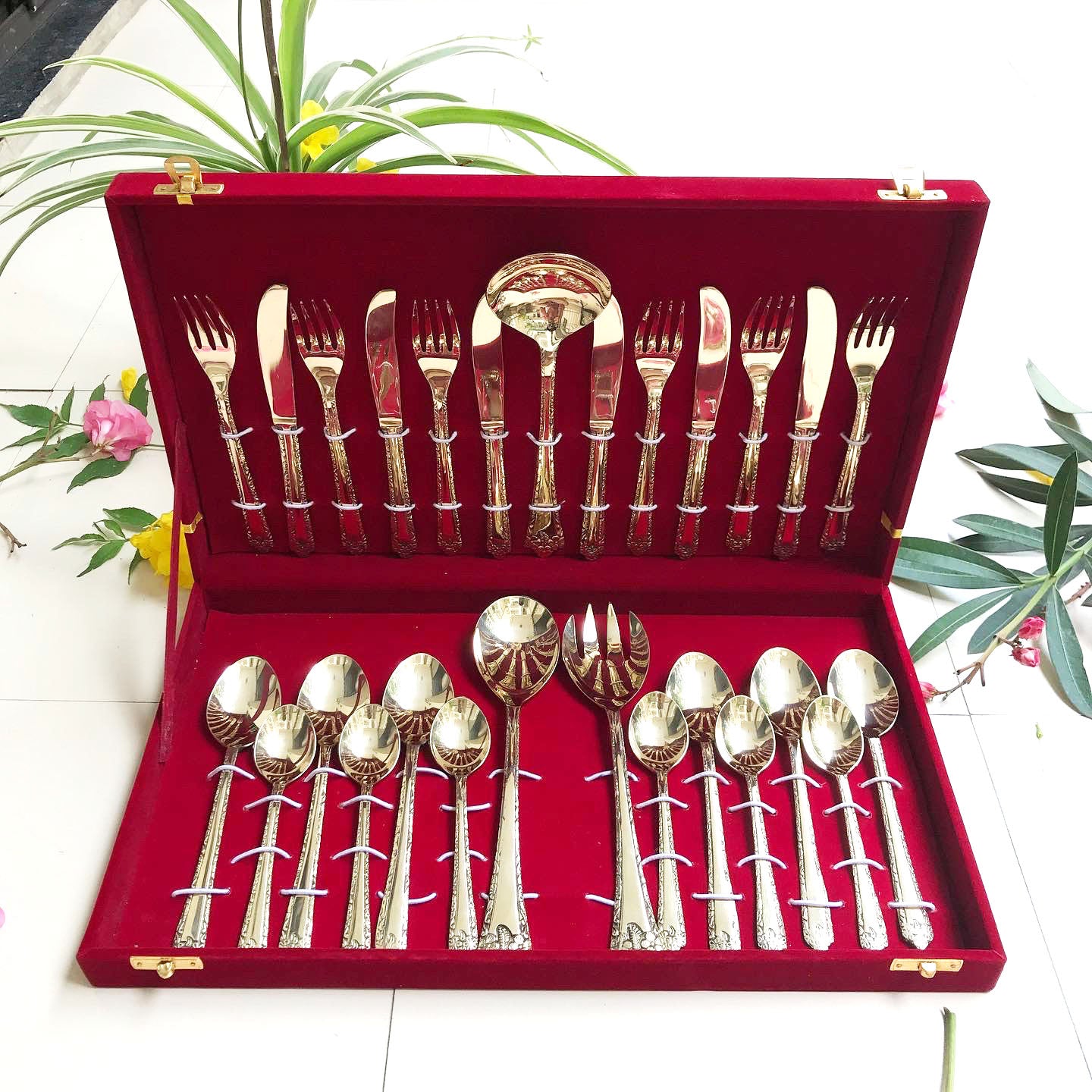 27-Piece Handcrafted Brass Cutlery Set | Premium Traditional Brass Flatware for Elegant Dining | Sustainable & Antique Finish Utensils - Sama Homes