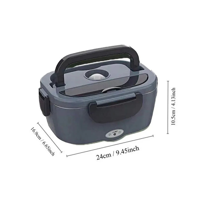 Gray electric lunch box with dimensions on a white background