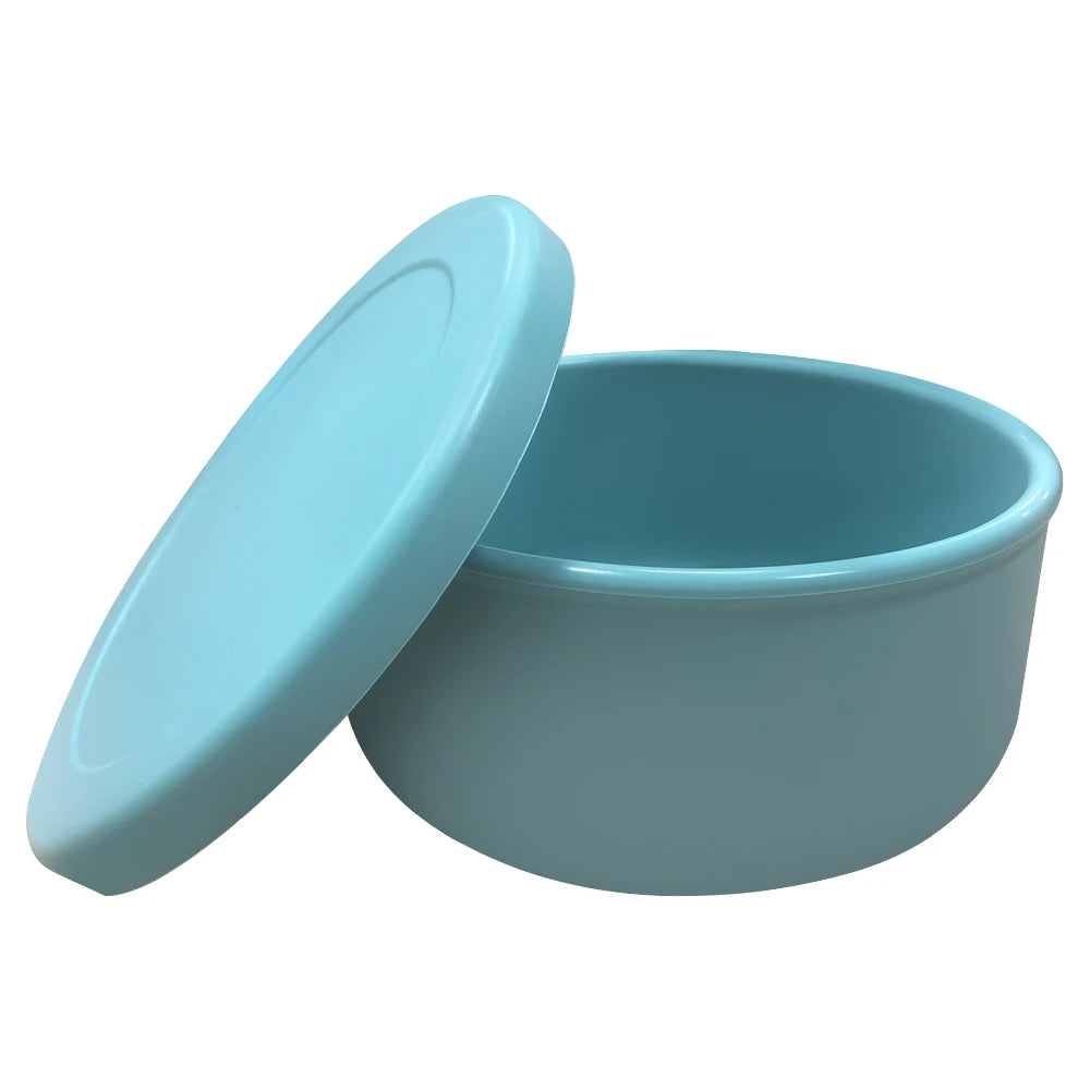 Blue plastic container with lid on a white background