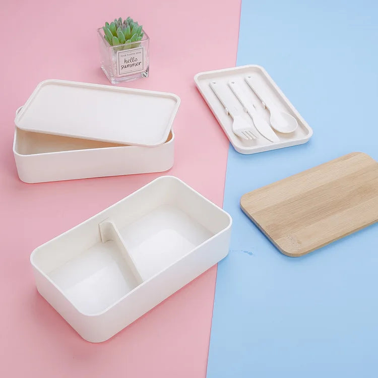 2-Layer Food Storage Container Portable Worker Student Wheat Straw Bento Lunch Box with Bamboo Lid Kitchen Utensils