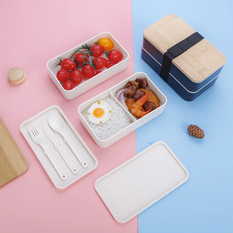 2-Layer Food Storage Container Portable Worker Student Wheat Straw Bento Lunch Box with Bamboo Lid Kitchen Utensils