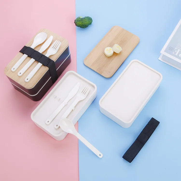 2-Layer Food Storage Container Portable Worker Student Wheat Straw Bento Lunch Box with Bamboo Lid Kitchen Utensils