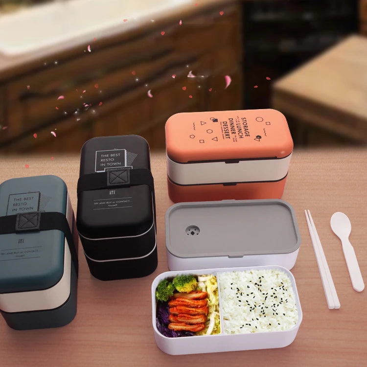 2-Layer Food Storage Container Portable Worker Student Wheat Straw Bento Lunch Box with Bamboo Lid Kitchen Utensils