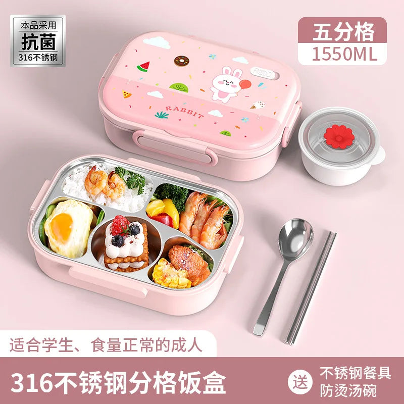 316 Stainless Steel Insulated Bento Lunch Box for Kids Cartoon Food Grade Portable Thermal Compartments Cute Children's Lunch