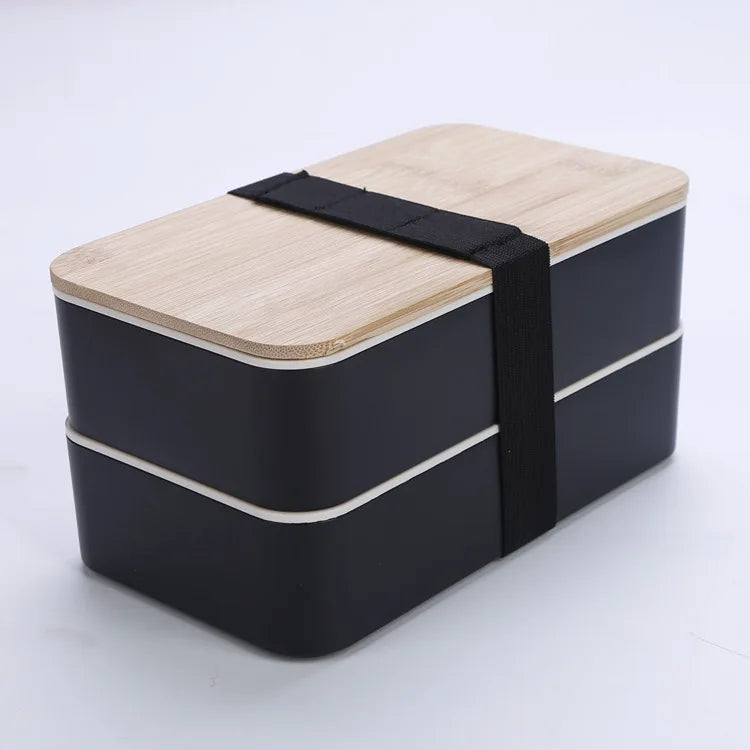 2-Layer Food Storage Container Portable Worker Student Wheat Straw Bento Lunch Box with Bamboo Lid Kitchen Utensils