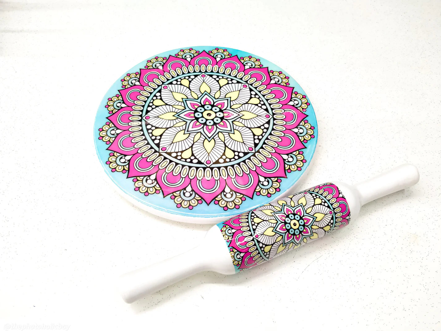 Handcrafted White Marble Roti Maker with Wooden Belan Enamel Prints | Indian Chakla Belan 10 Inch with Diameter