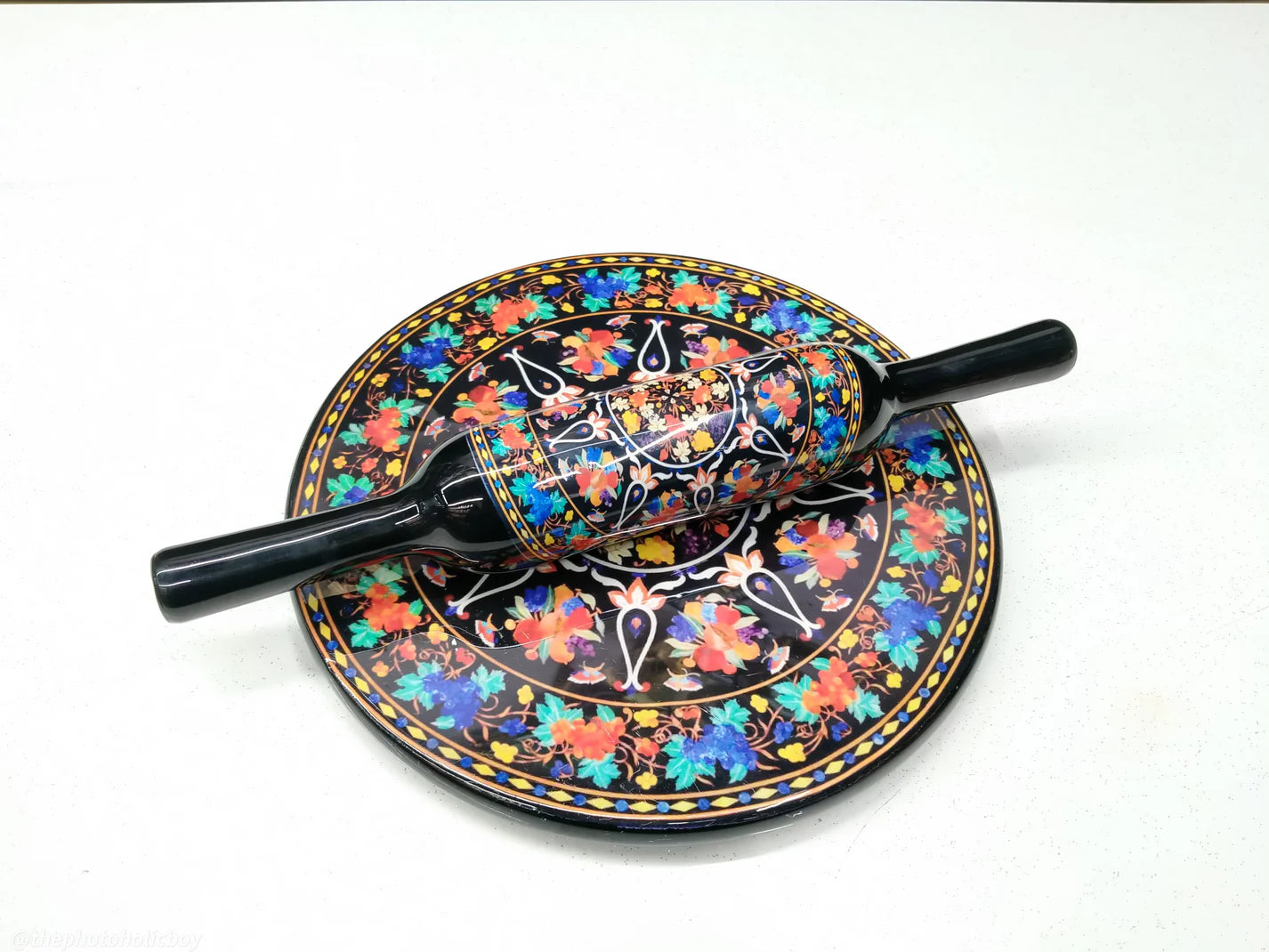 Handcrafted White Marble Roti Maker with Wooden Belan Enamel Prints | Indian Chakla Belan 10 Inch with Diameter