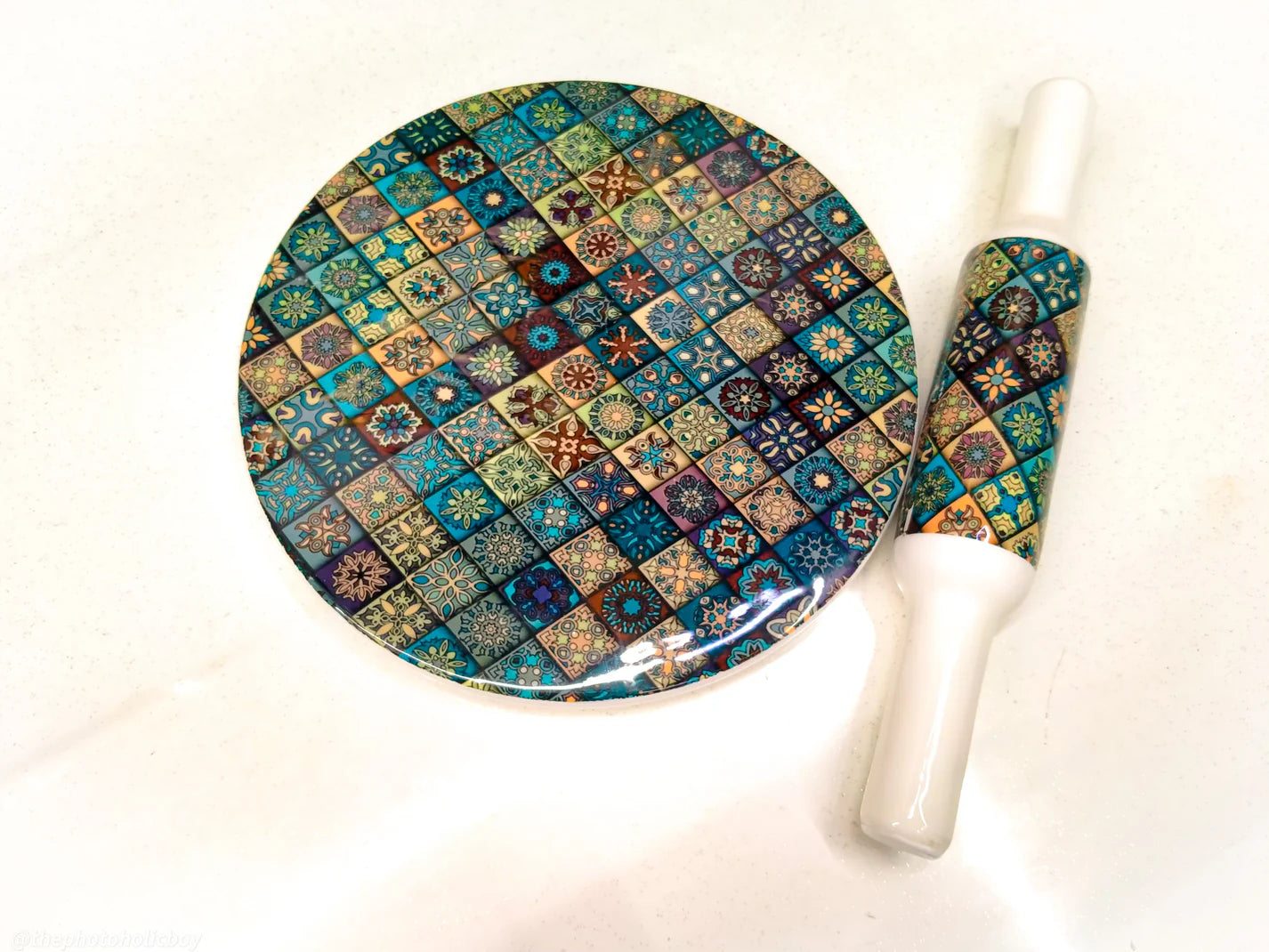 Handcrafted White Marble Roti Maker with Wooden Belan Enamel Prints | Indian Chakla Belan 10 Inch with Diameter