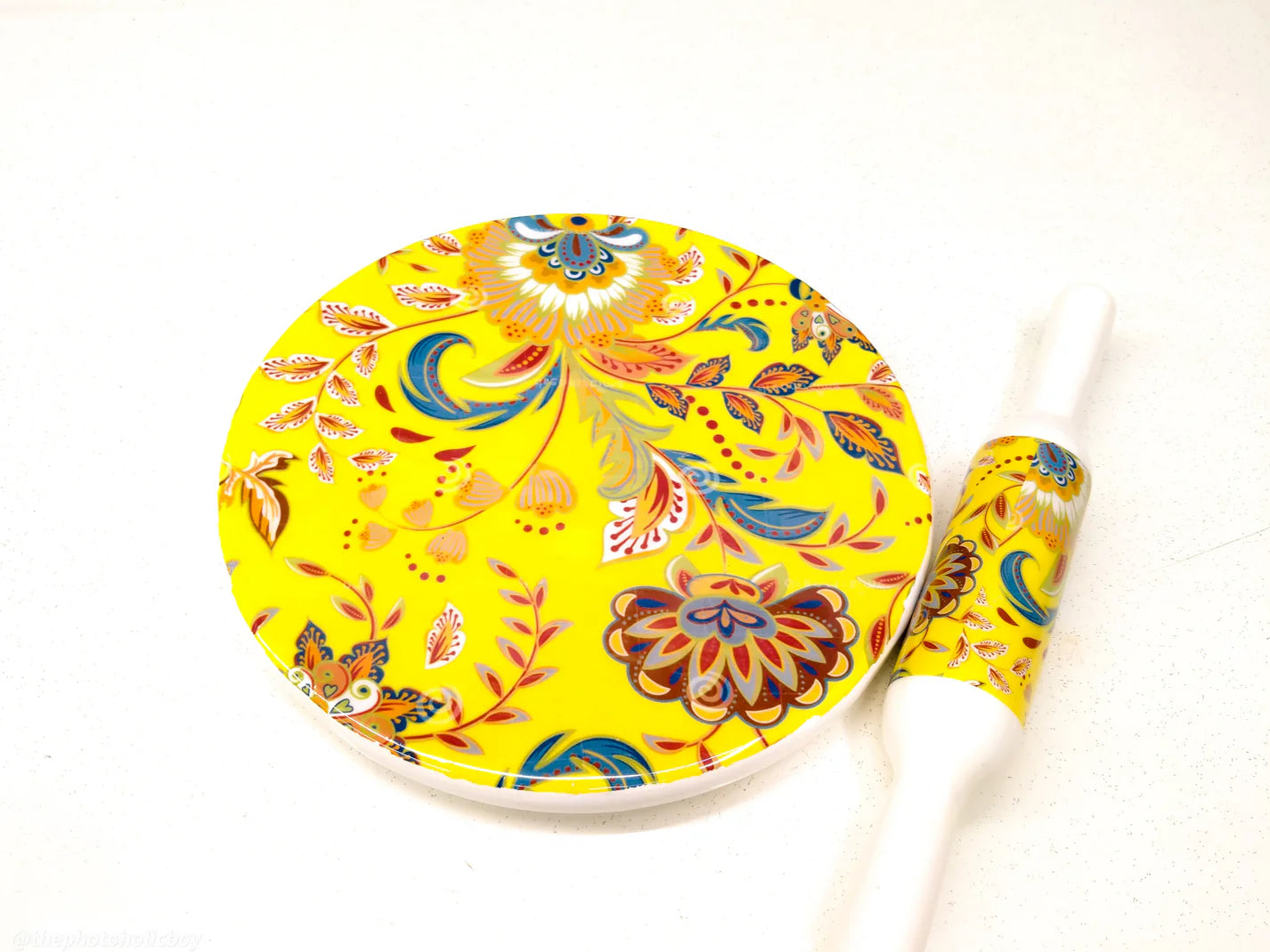 Handcrafted White Marble Roti Maker with Wooden Belan Enamel Prints | Indian Chakla Belan 10 Inch with Diameter