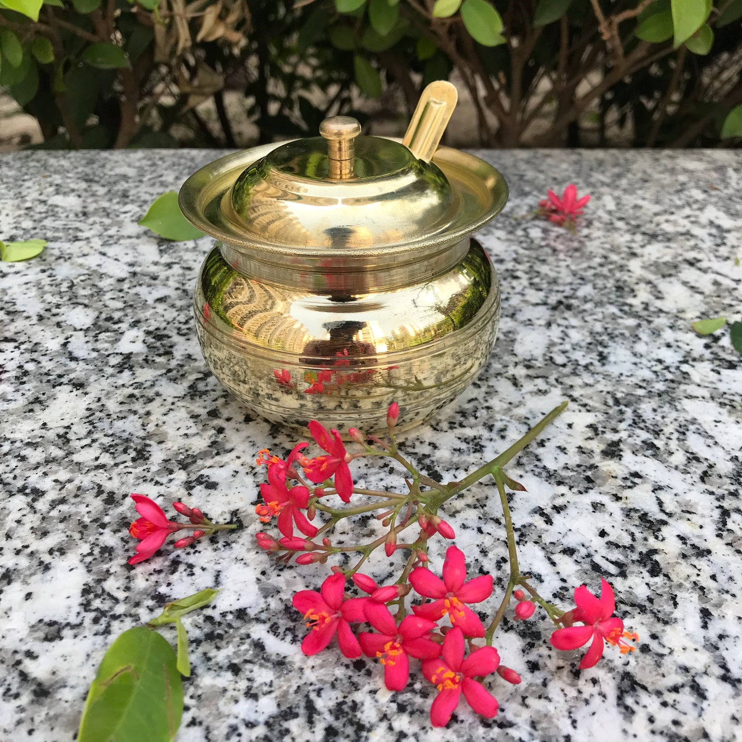 Brass Ghee Pot with spoon and Lid | 250 ML Capacity | 4 Inches | Traditional Utensil - Sama Homes