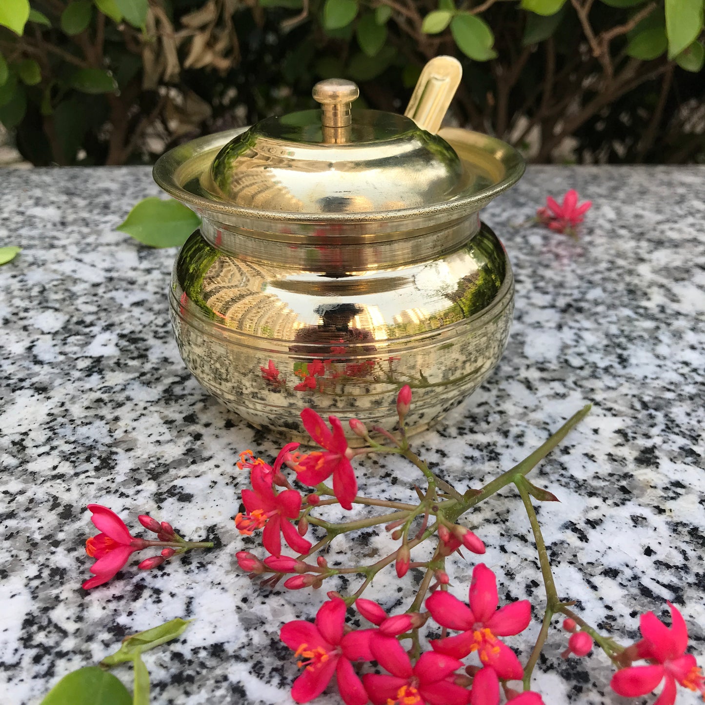 Brass Ghee Pot with spoon and Lid | 250 ML Capacity | 4 Inches | Traditional Utensil - Sama Homes