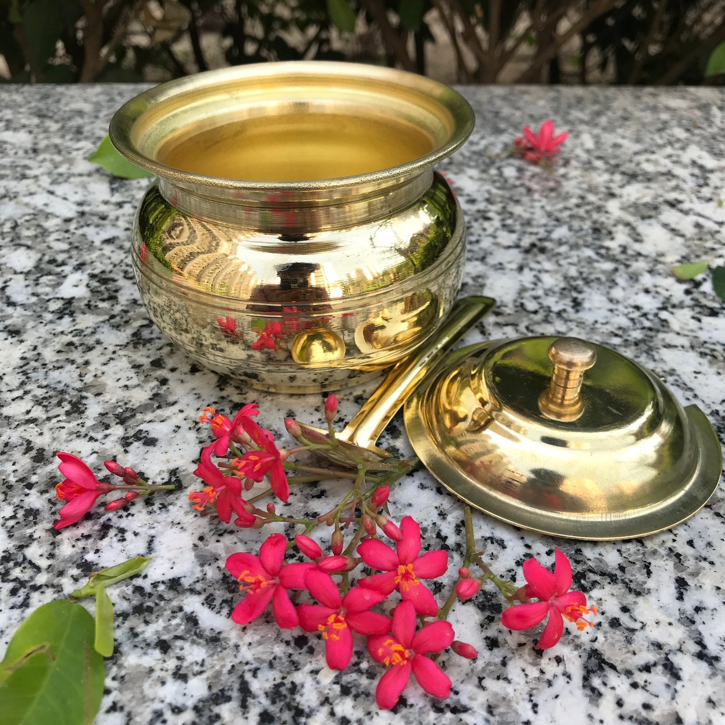 Brass Ghee Pot with spoon and Lid | 250 ML Capacity | 4 Inches | Traditional Utensil - Sama Homes