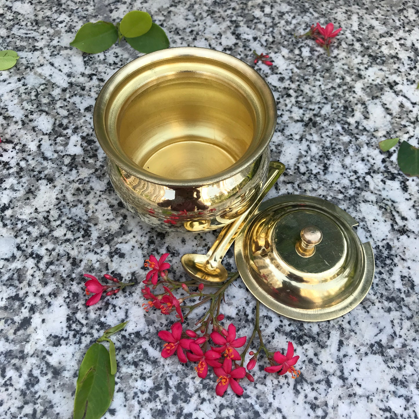 Brass Ghee Pot with spoon and Lid | 250 ML Capacity | 4 Inches | Traditional Utensil - Sama Homes