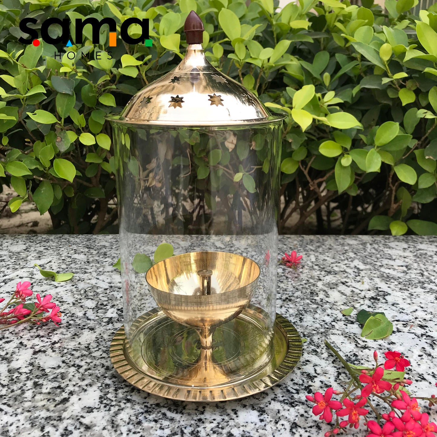 Sama Homes Brass Akhand Jyot Diya with Molded Glass Cover | Oil Pooja Lamp | Diwali night Diya - Sama Homes