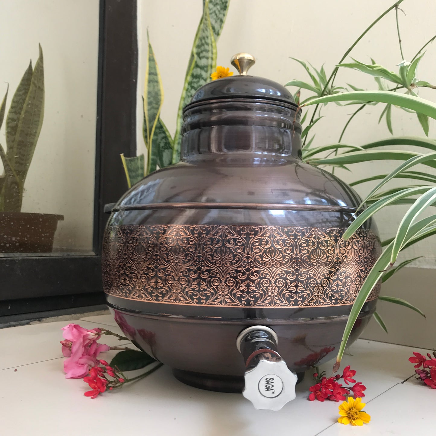 Pure Copper Water Dispenser Antique Engraved Ghada/Pot Capacity - Sama Homes