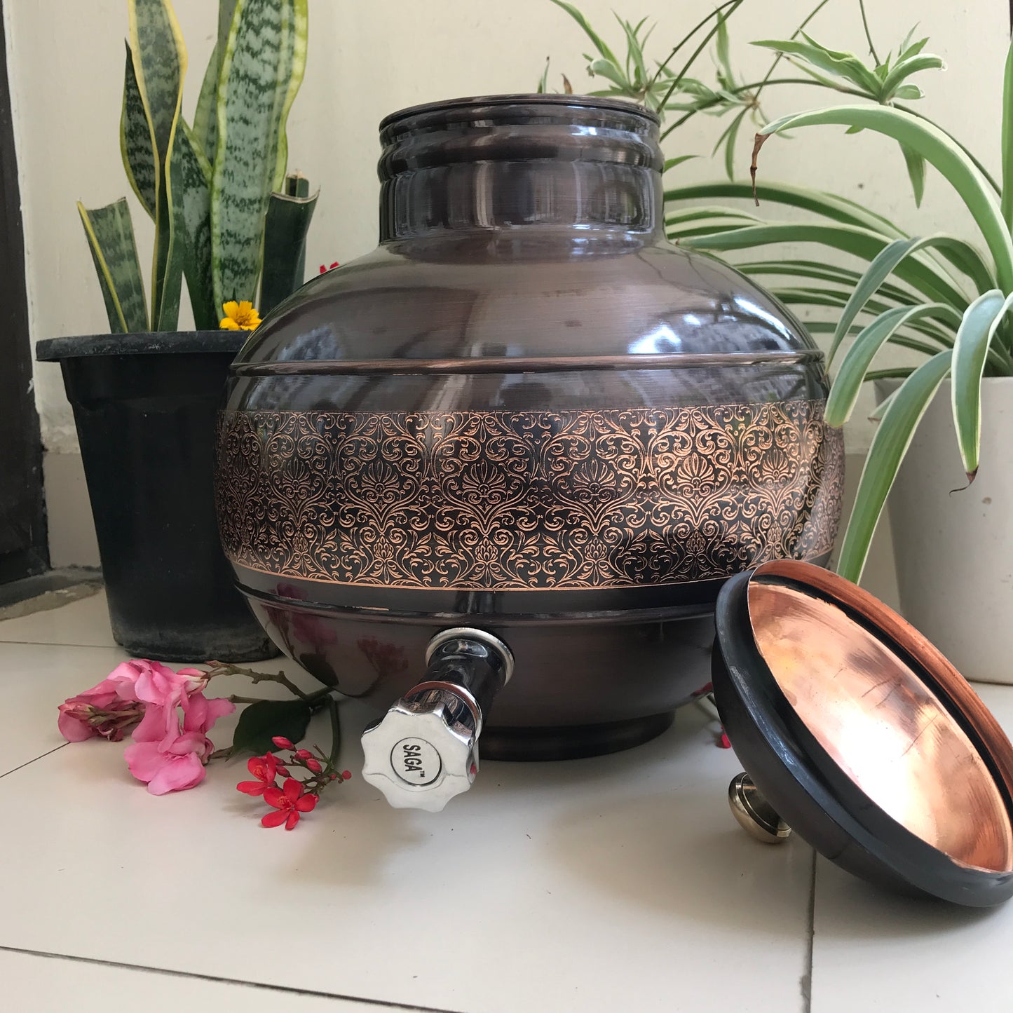 Pure Copper Water Dispenser Antique Engraved Ghada/Pot Capacity - Sama Homes