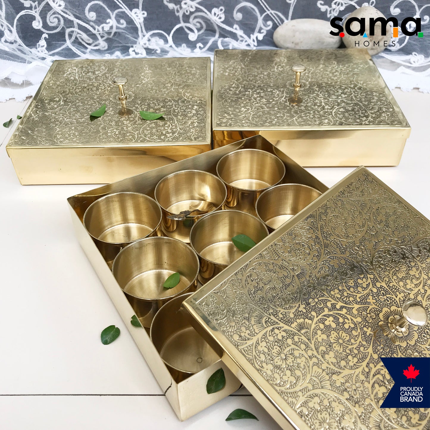 Brass Spice Box Square Shape | Matte & Glossy Finish | Masaladani | Masala box 9 Compartments | Handmade - Sama Homes