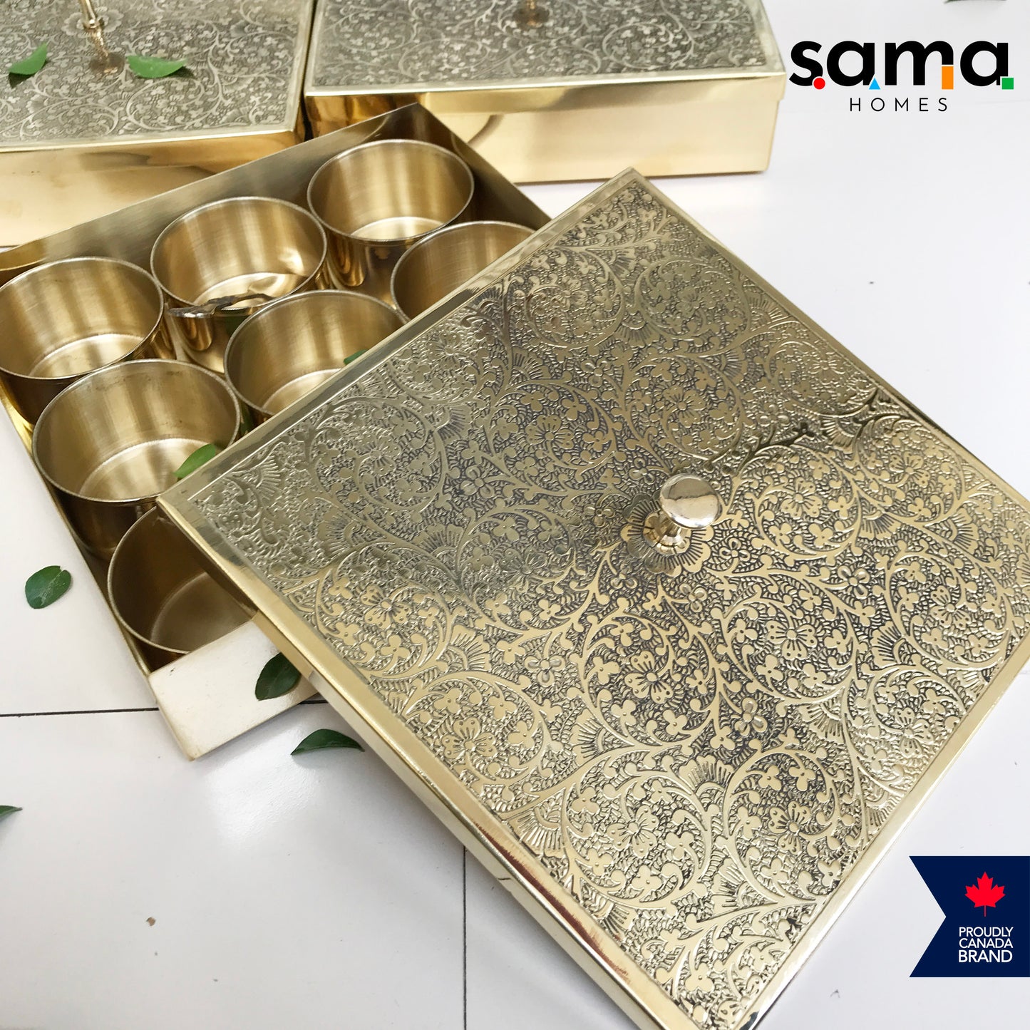 Brass Spice Box Square Shape | Matte & Glossy Finish | Masaladani | Masala box 9 Compartments | Handmade - Sama Homes