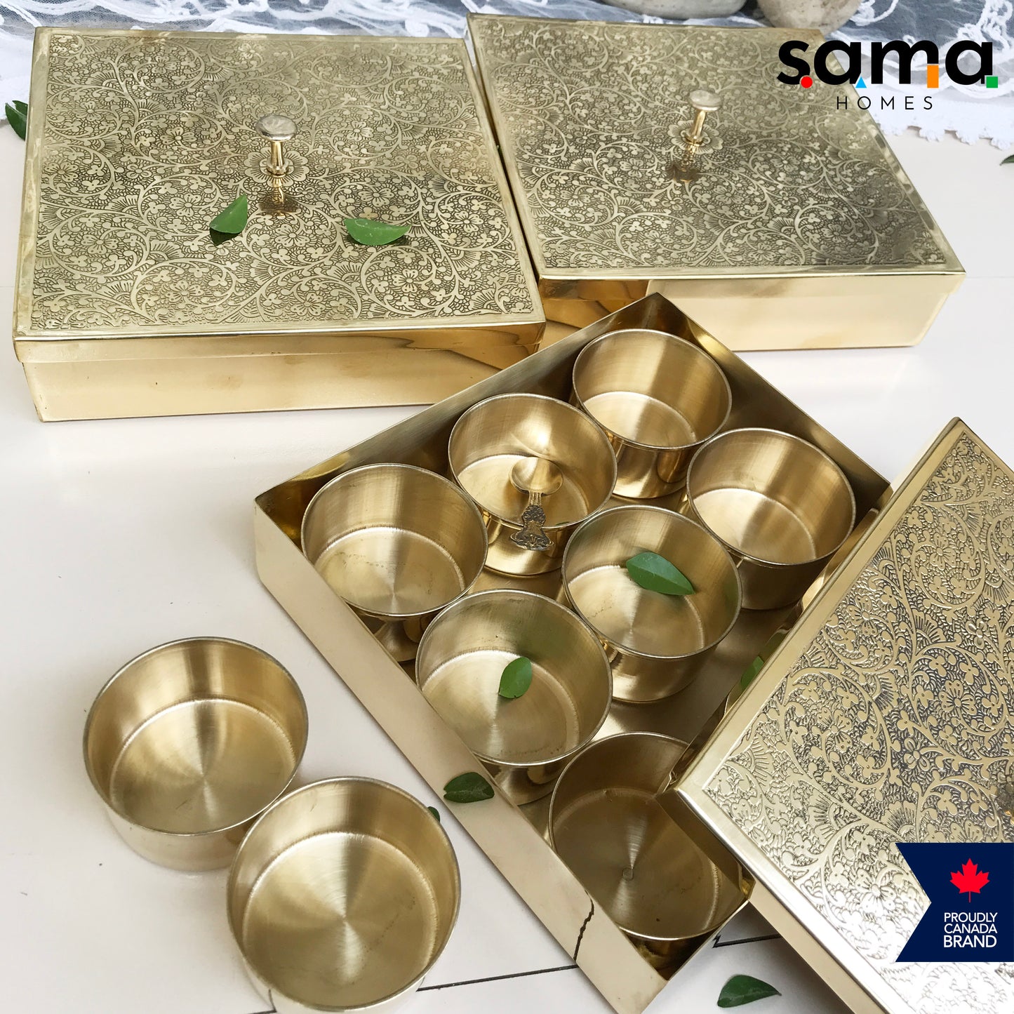 Brass Spice Box Square Shape | Matte & Glossy Finish | Masaladani | Masala box 9 Compartments | Handmade - Sama Homes