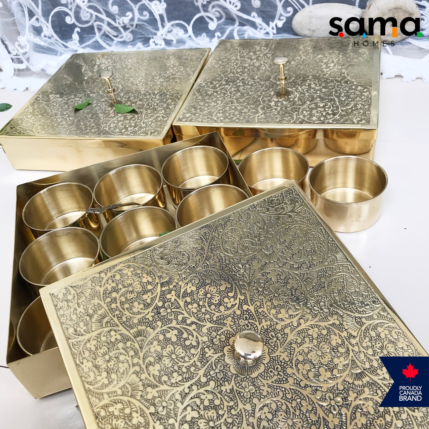 Brass Spice Box Square Shape | Matte & Glossy Finish | Masaladani | Masala box 9 Compartments | Handmade - Sama Homes