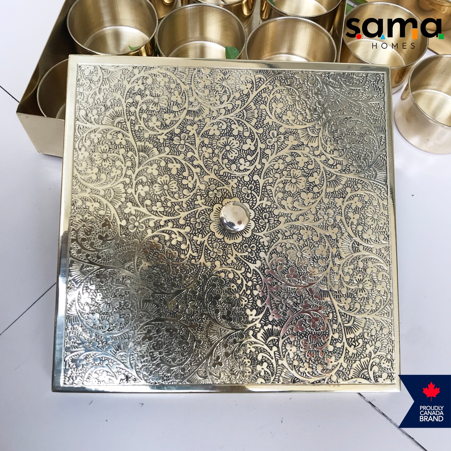 Brass Spice Box Square Shape | Matte & Glossy Finish | Masaladani | Masala box 9 Compartments | Handmade - Sama Homes