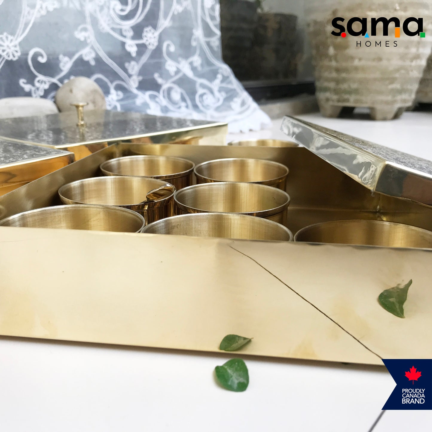 Brass Spice Box Square Shape | Matte & Glossy Finish | Masaladani | Masala box 9 Compartments | Handmade - Sama Homes